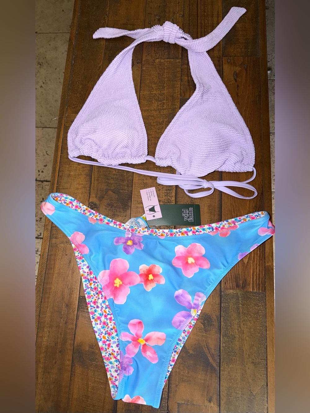 Lilac Textured Halter Bikini Top with Blue Floral Bikini Bottom double sided